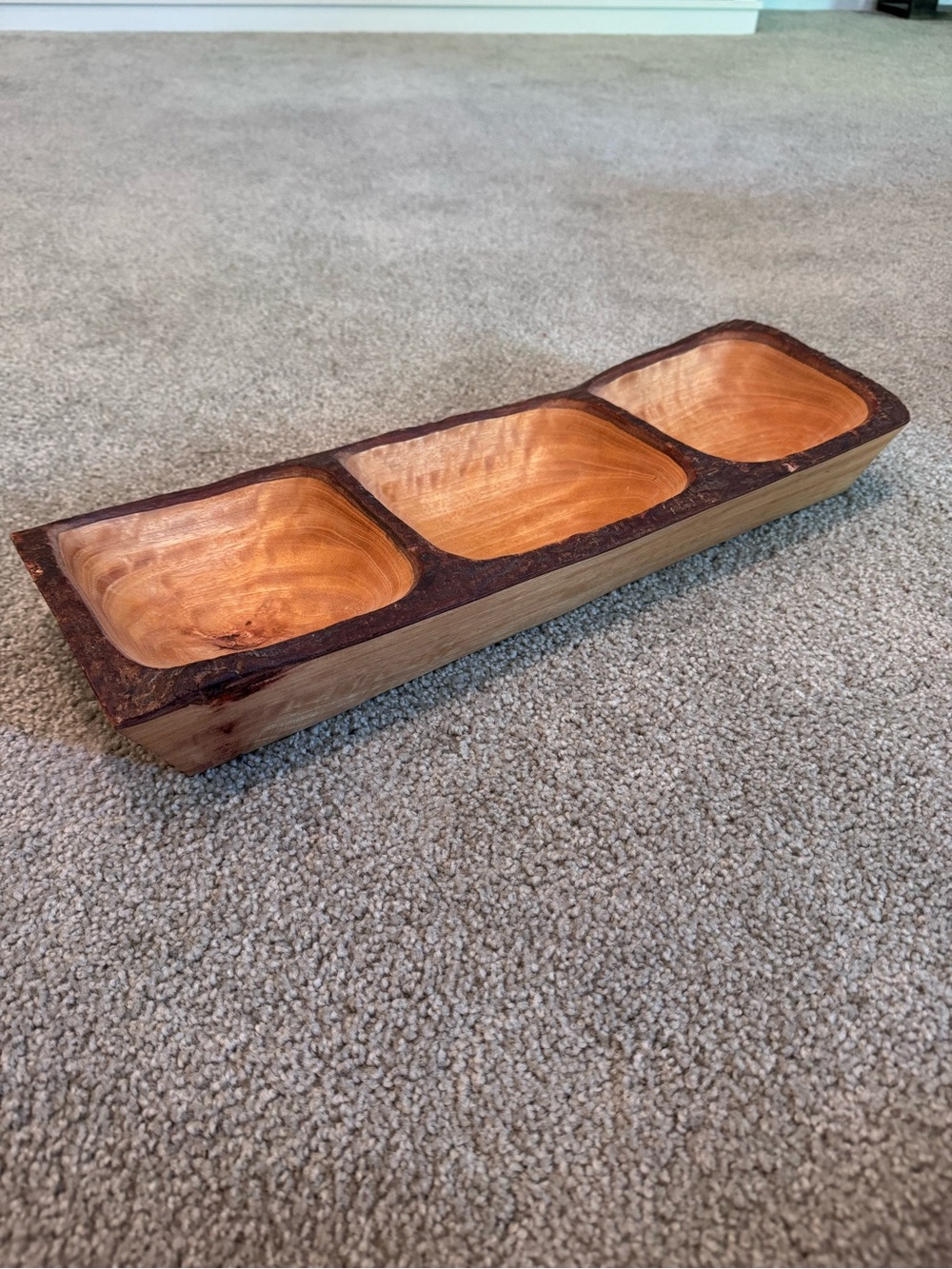 Hand-Carved Natural Wood Three sectioned Serving Platter